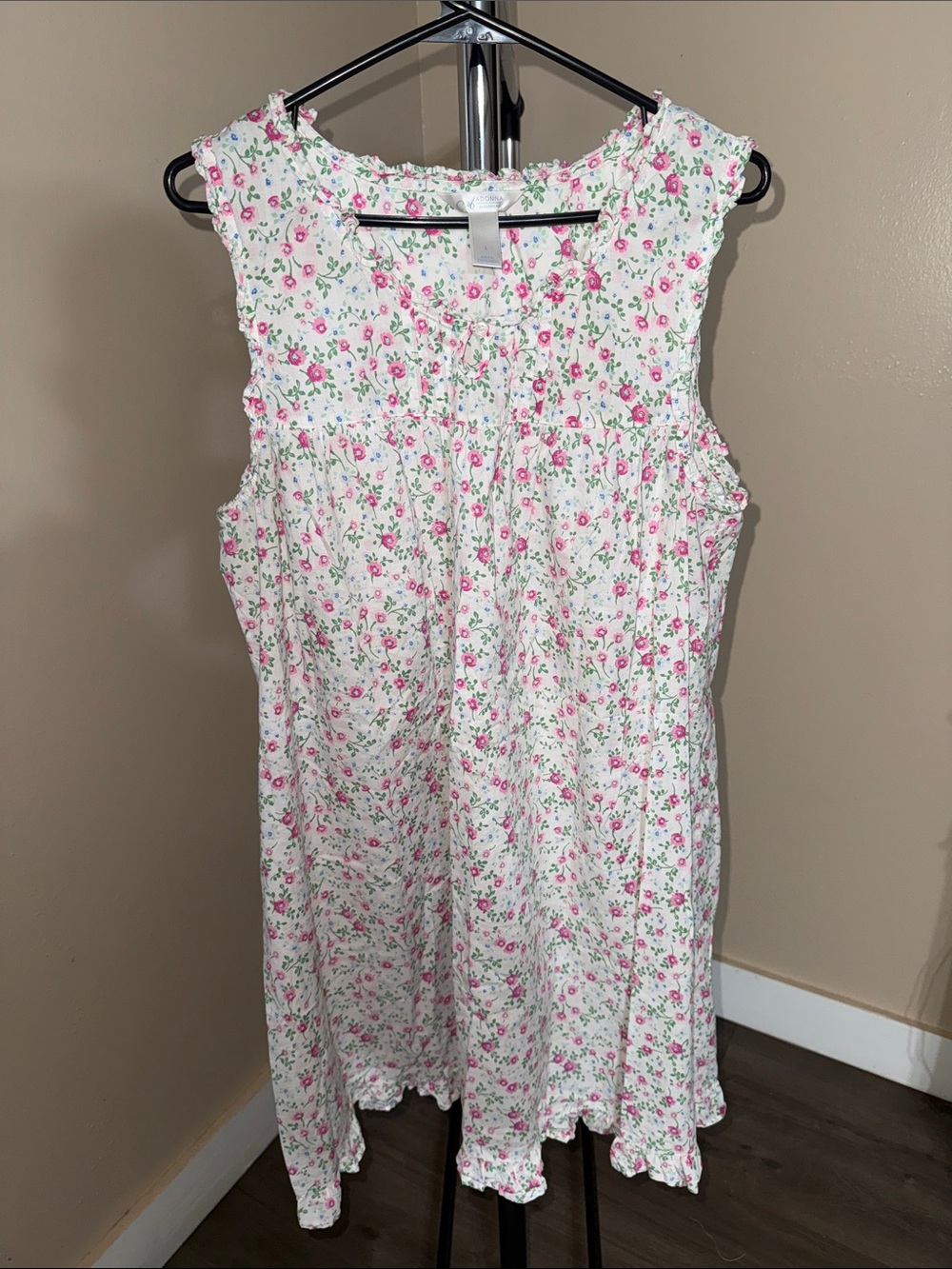 Adonna White Cotton Nightgown with Pink Rose Print